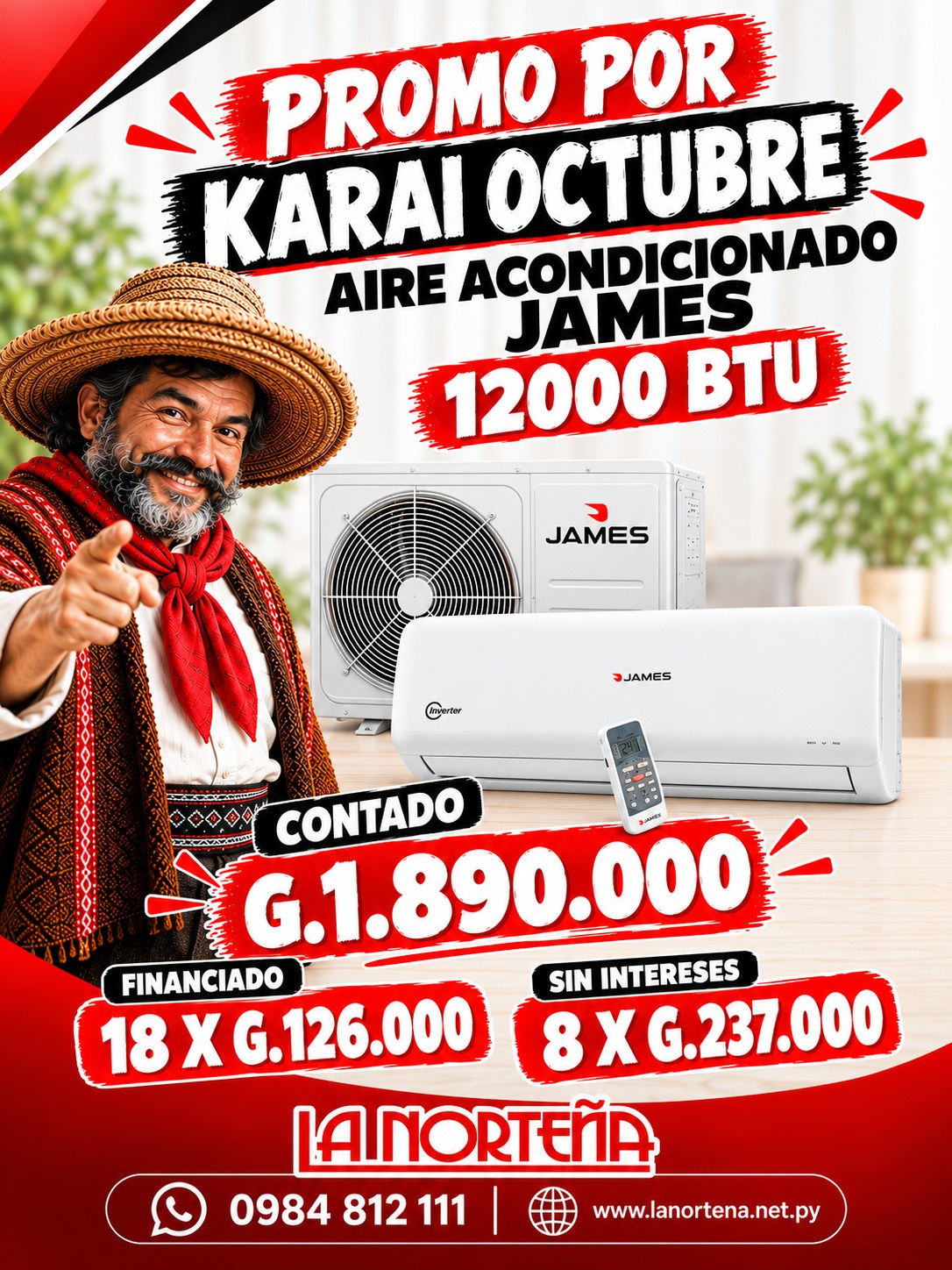 AIRE ACONDICIONADO JAMES SPLIT 12000 BTU CONVENCIONAL FRIO/CALOR 220V AAJ12-KE a 1.890.000